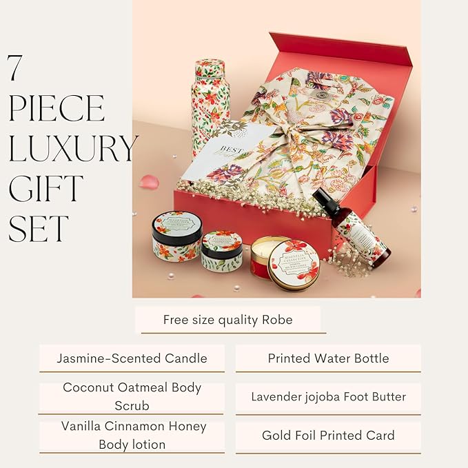 Spa Gift Set with Robe - 7 pc for New Mothers Postpartum Moms & Expecting- Luxurious Gift Set w Jasmine Candle Honey Lotion Coconut Oatmeal Body Scrub - All-Natural for Self-Care. Push present.-BrightBean Baby