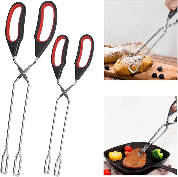 Tongs for Cooking, Set of 2 Heat Resistant Stainless Steel 10-Inch and 12-Inch Kitchen Scissor Tongs for BBQ, Food, Salad