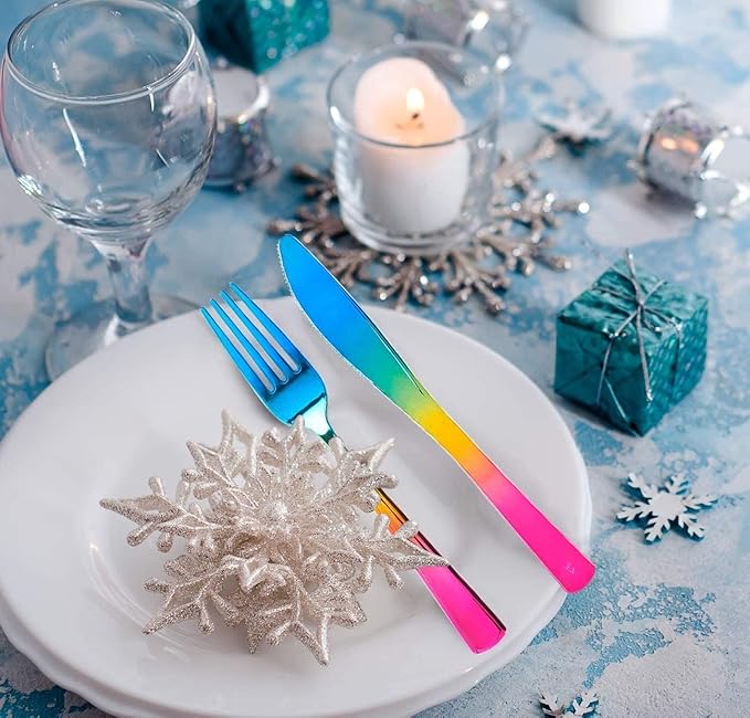 Supernal 120pcs Rainbow Plastic Silverware Set Colorful Party Utensils Blue Pink Gold Plastic Silverware Include 40 Rainbow Forks, 40 Gold Knives and 40 Blue Spoons for Trolls Party