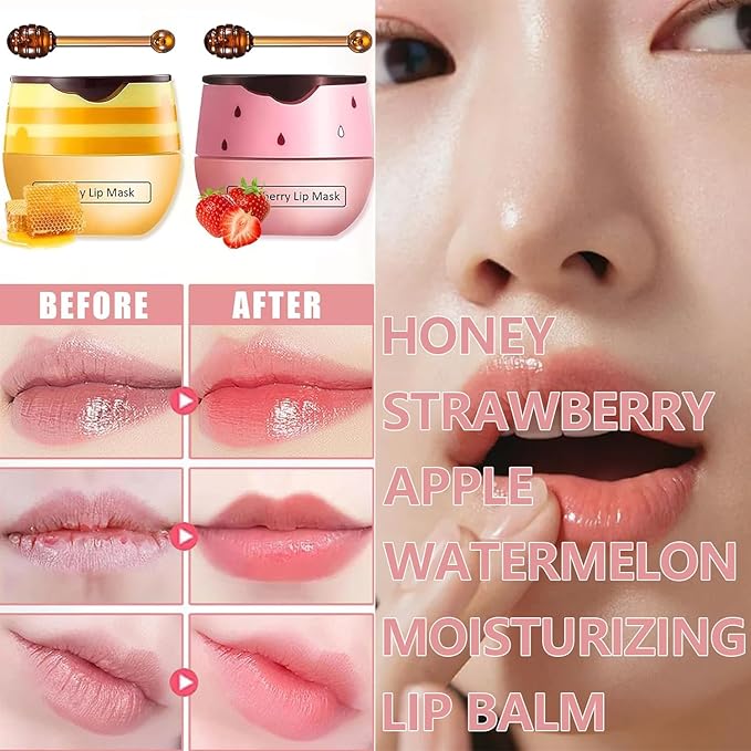 2 PCS Bee Lip Balm Honey Pot, Strawberry & Honey Lip Sleeping Masks Overnight, Hydrating Prevention Dry and Cracked Lip Scrubs Exfoliator Lip Care, Reduces Lip Lines-BrightBean Baby