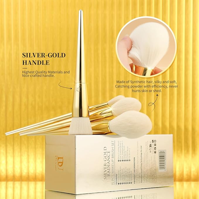 DUcare Makeup Brushes 15Pcs Makeup Brush Set with Holder Premium Synthetic Powder Foundation Contour Blush Concealer Eye Shadow Blending Liner Make Up Brush Kit gold-silver-BrightBean Baby