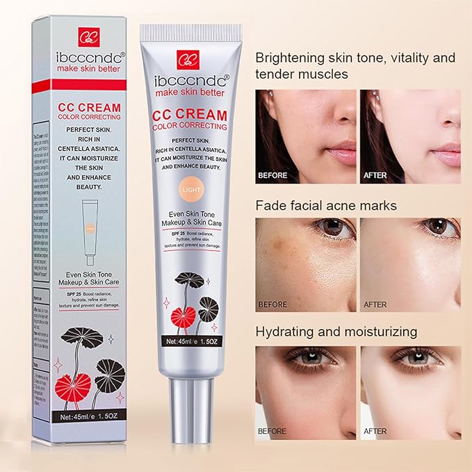 Color Correcting CC Cream With Centella Asiatica,Multi-Purpose Skin Tone Adjusting CC Cream Concealer Full Coverage,SPF 25 Sunscreen Moisturizing Pre-Makeup Primer Brightening for Mature Skin-BrightBean Baby