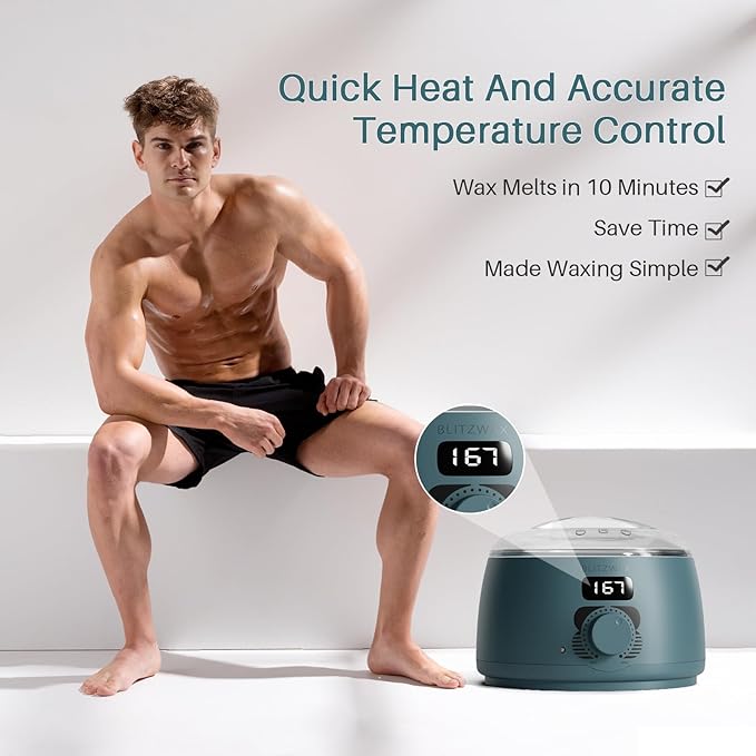 BLITZWAX Back and Nose Waxing Kit for Men, Hard Wax Warmer for Brazilian, Body and Face, At Home Hair Removal Kit, Beginner Friendly, Quick Heating, 93 Accessories, Blue Spruce-BrightBean Baby