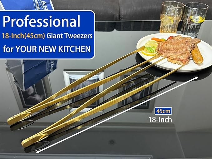 JETKONG 2 Pcs 18 Inch (45cm) Stainless Steel Grill Tongs Heavy Duty Giant Tweezer Tongs, Extra Large Tweezers Tools for Cooking, Grilling, BBQ and Turning Food (Gold)
