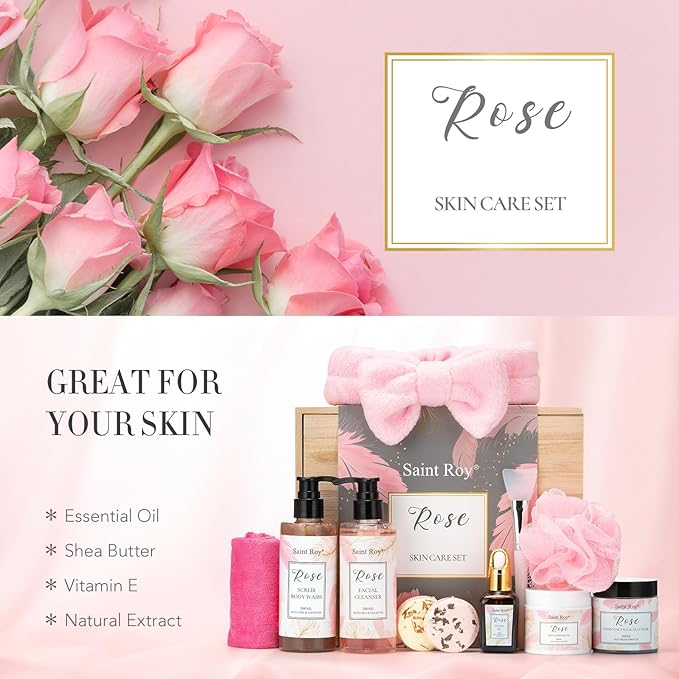 Spa Gifts for Women，10pcs Self Care Kit ROSE Scented with Facial Cleanser, Scrub Body Wash, Facial Clay Mask, Facial, Essential Oil, Birthday Gifts Skin Care Set, Mothers Day Gifts Ideas-BrightBean Baby