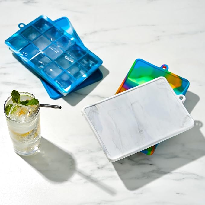 Host Ice Cube Tray with Lid, Makes 15 1.25" Cubes, Durable Silicone Trays, Perfect for Cocktails, Beverages, Mocktails, Iced Coffee, Tea, Infused Water, Kitchen Essentials, Set of 1, Marble