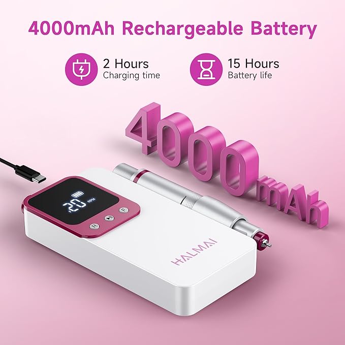 Electric Nail Drill Professional, Portable Nail File for Acrylic Gel Nails, Cordless Rechargeable Ultra Power Nail Drill Kit 40000RPM, HMC320 Salon-Grade Efile Nail Machine (White)-BrightBean Baby