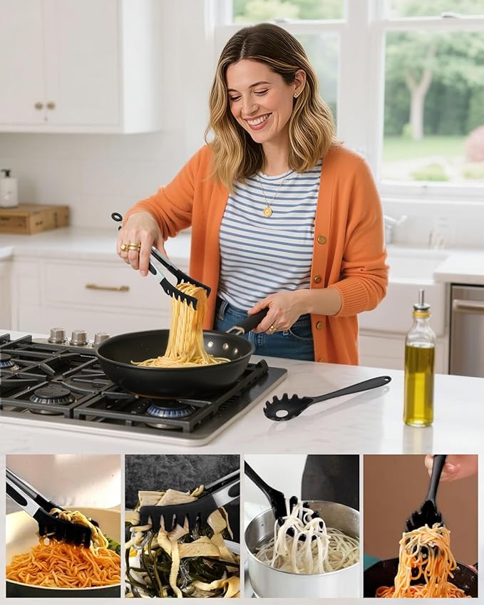 Spaghetti Spoon and Pasta Tong with Non-Slip Silicone Teeth, Food Clip for Spaghetti Noodle, Heat Resistant Kitchen Utensils with Storage Holes, Dishwasher Safe