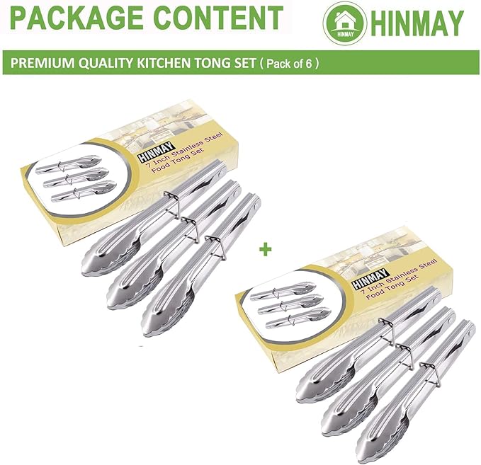 Mini Stainless Steel Food Tongs with Silding Rings 7-Inch - Set of 6 - Small Clam Shell Service Tongs for Serving Appetizers, Desserts, Salads, Barbecue and Cooking (Silver)