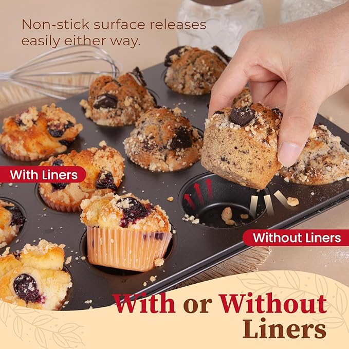 CARTMAN 1 Muffin Pan with 200 Cupcake Liners, Nonstick 12-Cup Muffin Tin, Carbon Steel Cupcake Pan for Baking Muffins, Egg Bites, Brownies & More