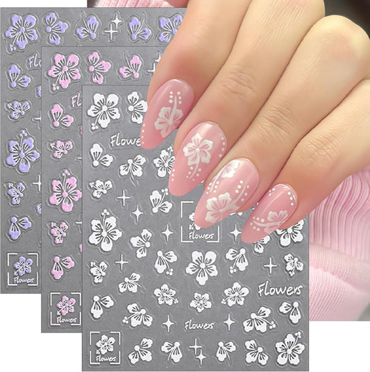 Flower Nail Stickers 5D Embossed Hollow Out Flower Nail Decals Pink Purple White Floral Designs Summer Cute Flowers Decals Pegatinas Uñas for Women DIY Manicure Decoration Accessories 3Sheets-BrightBean Baby