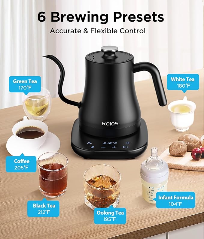 Gooseneck Electric Kettle with Temperature Control, 27oz/0.8L Fast Heat Electric Kettle for Pour Over Coffee/Tea, Auto Shut Off & Boil-Dry Protection, 4hrs Keep Warm, Stainless Steel Inner,Matte Black