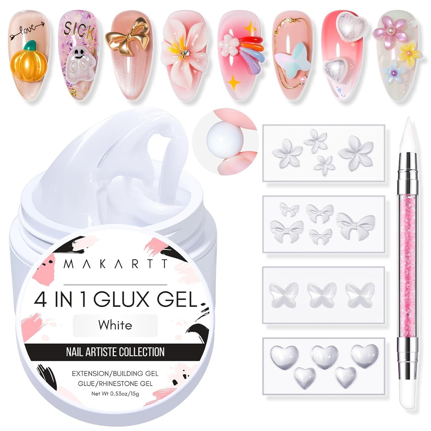 Makartt 3D Gel Nail Art: 4 in 1 White Solid Gel Builder Diy Kit for 15ML Nail Extension Gels, 4pcs Silicone Molds, 1 sculpture Brush, Nails Art Glue for Acrylic Nails Carving Manicure for Home Salon-BrightBean Baby