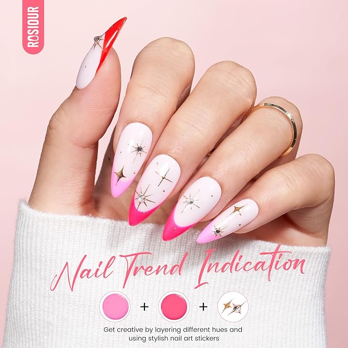 Gel Nail Polish Kit with U V Light, Hema-Free Bright Red Light Baby Pink Violet Pink Summer Gel Polish Set with Base & Top Coat Chrome Nail Powder, 4 Colors Mini Salon Nail Art Starter Gift for Women-BrightBean Baby