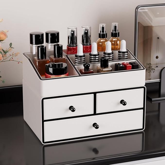 GORESE Leather Makeup Organizer with Drawers for Vanity, Stackable Skincare Holder Dresser Organizer Countertop, Make Up Storage Organizers Counter Cosmetic Display Case Gifts for Women(Cream White)-BrightBean Baby
