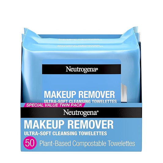 Neutrogena Makeup Remover Wipes, Ultra-Soft Cleansing Facial Towelettes for Waterproof Makeup, Alcohol-Free, Plant-Based, Twin Pack, 25 Count (Pack of 2)-BrightBean Baby