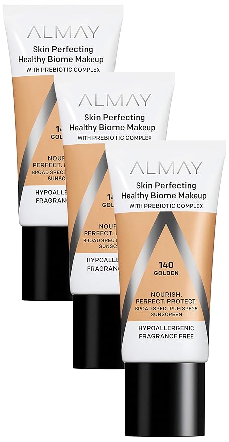 Almay Skin Perfecting Healthy Biome Foundation Makeup with Prebiotic Complex SPF 25, Hypoallergenic, Fragrance Free, 140 Golden, 1 fl. oz. (Pack of 3)-BrightBean Baby