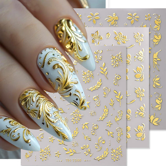 6 Sheets Gold Nail Art Stickers 3D Self -Adhesive Golden Flowers Leaves Nail Decals Holographic Hot Stamping Floral Nail Stickers Summer Blossom Nail Decoration for Women DIY Manicure Supplies-BrightBean Baby