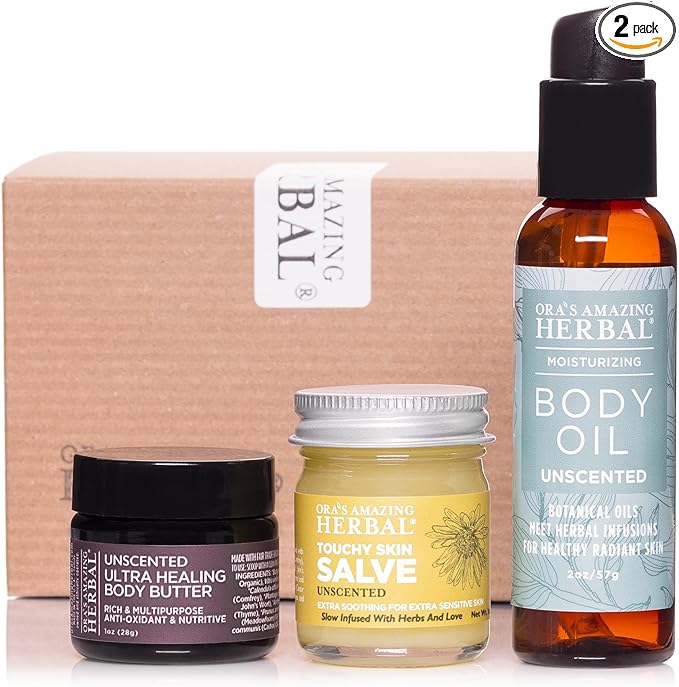Ora's Amazing Herbal Unscented Moisturizer Travel Set, Touchy Skin Salve, Unscented Body Butter & Body Oil Set, Travel Size, Eczema and Senstivie Skin-BrightBean Baby