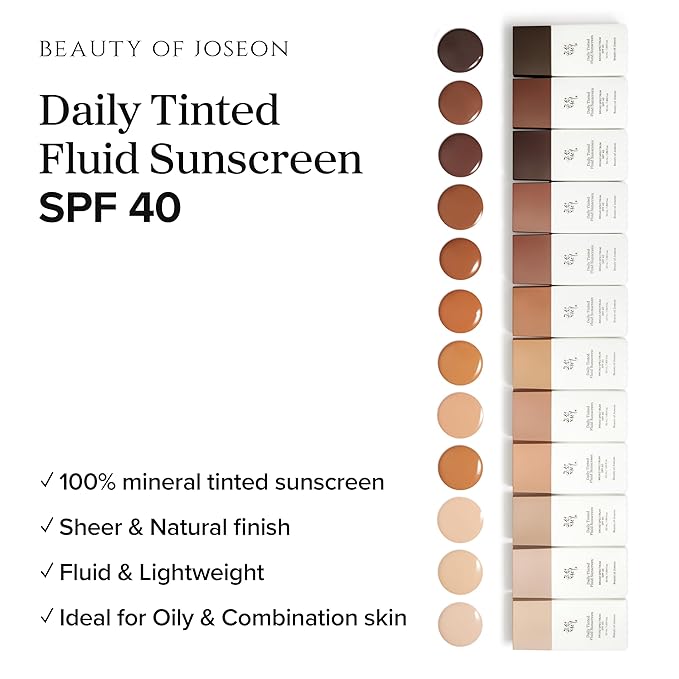Beauty of Joseon Daily Tinted Fluid Sunscreen 12 Shades for Face Moisturizing Broad Spectrum SPF 40 Korean Skincare 50ml, 1.69 fl.oz #LP110-BrightBean Baby