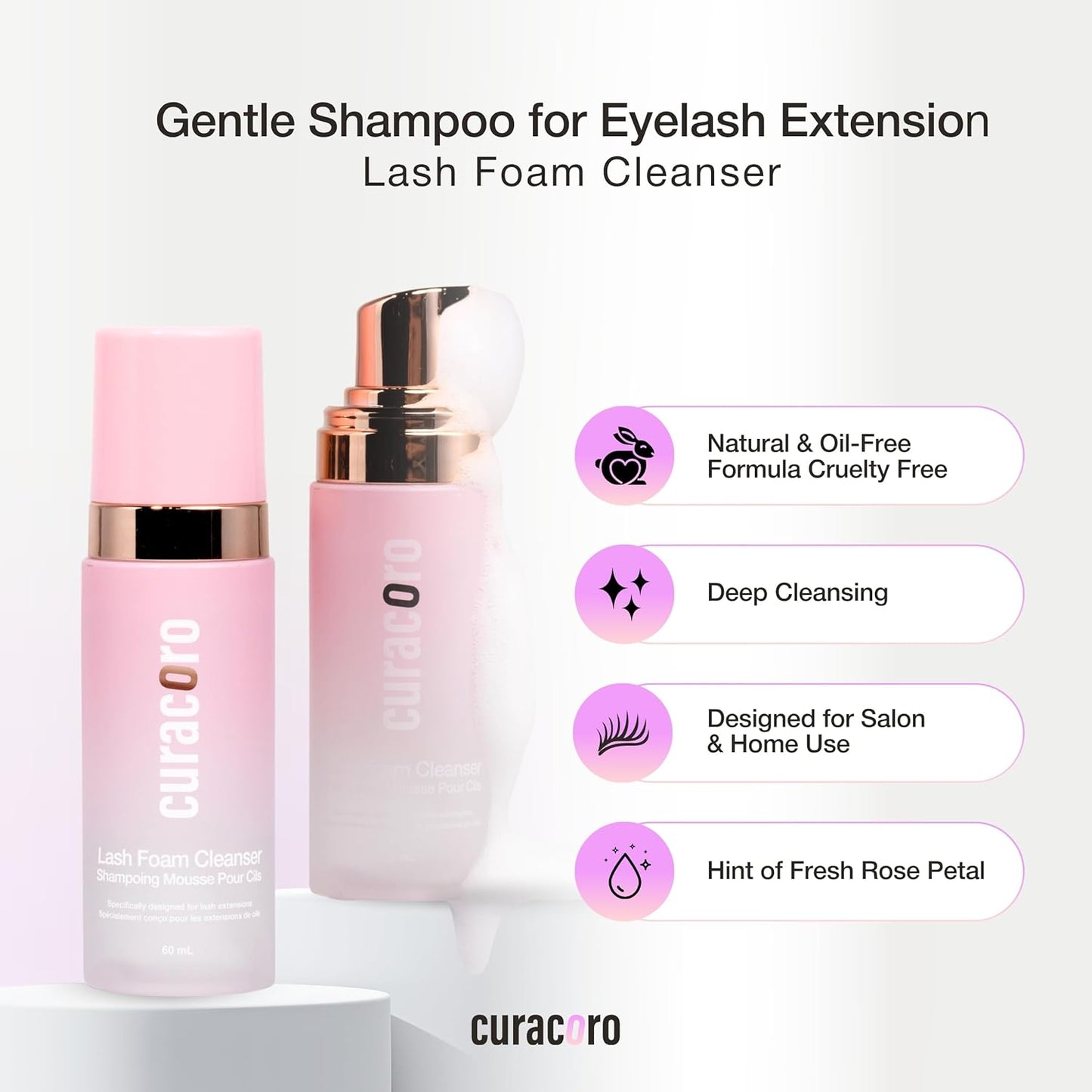 CURACORO 60ML Eyelash Extension Cleanser (Rose Scented) - Lash Shampoo for Lash Extensions, Eyelash Extension Foam Cleanser for Sensitive Skin, Removes Waterproof Makeup for Professional & Home Use-BrightBean Baby