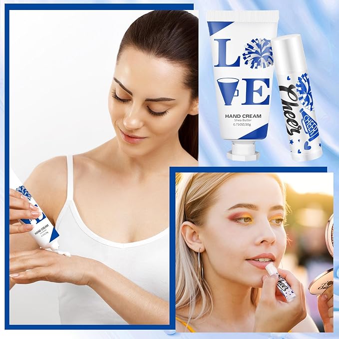 144 Pcs Blue Cheer Favors Natural Bulk Lip Balm and Hand Cream Set, Include 36 Lip Balm 36 Moisturizing Hand Cream 36 Bags 36 Card and Rope cheer accessories for Team Sports Party Supplies-BrightBean Baby