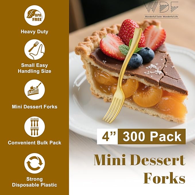 WDF Disposable Plastic Mini Forks 300 Pieces 4 Inches | Gold Plastic Forks | Thanksgiving Heavy Duty Plastic Tasting Forks | Perfect for Small Appetizers and Desserts for Wedding/Party/Birthday