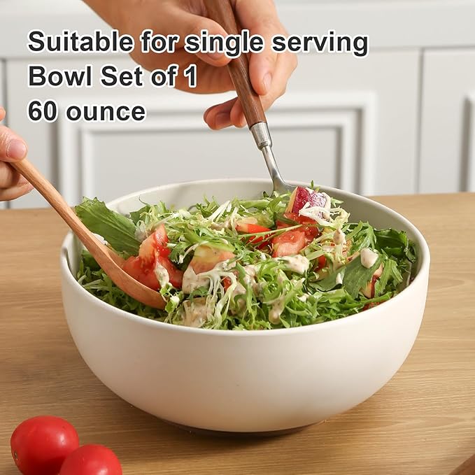Ceramic Large Salad Bowls with Garlic Grater Function. White 60 OZ Salad Serving Bowl. Deep Bowl fit for Soup, Cereal, Ramen, Pasta, Salad.