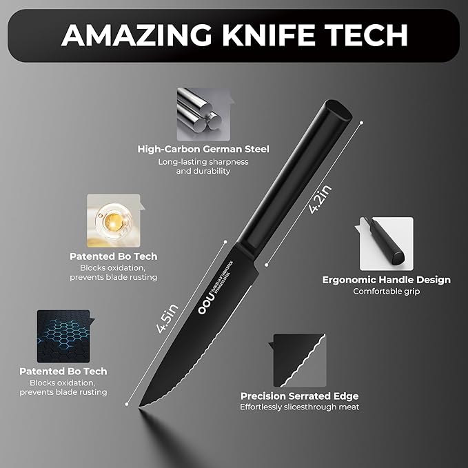 OOU Steak Knives Set of 6, 4.5" German High Carbon Stainless Steel Steak Knife Set, Serrated Steak Knives, Dishwasher Safe & Rust-Resistant Kitchen Knife Sets