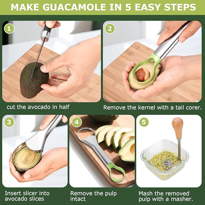 Avocado Slicer Tool,Stainless Steel Avocado Cutter Tool Set,Contains Avocado Knife,Avocado Masher and Fruit Knife,Used for Avacado Cutting and Peeling,is the Essential Masher Kitchen Tool.