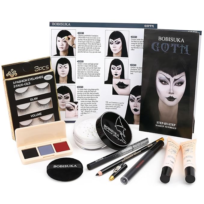 Halloween Goth Makeup, Complete Goth Make Up Set with White Foundation, Black Lipstick, Dark Smokey Eyeshadow Kit for SFX Gothic Makeup, Cosplay, Costume Party, Theater and Film-BrightBean Baby