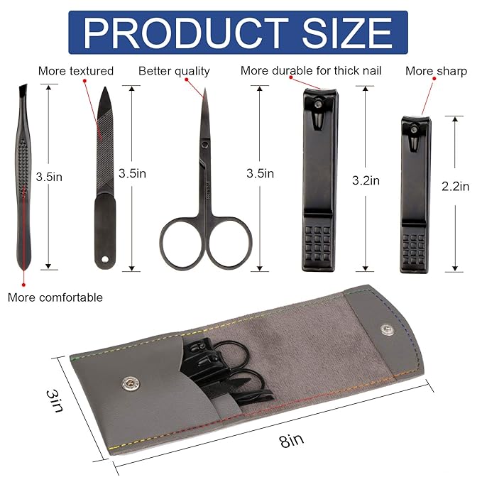 Manicure Pedicure Kit Nail Clippers Set Fingernails & Toenails Vibrissac Scissor 5 Pieces Best Care Tools for Man & Women with Travel Case (Gray/Black_A) (Gray/Black_A)-BrightBean Baby