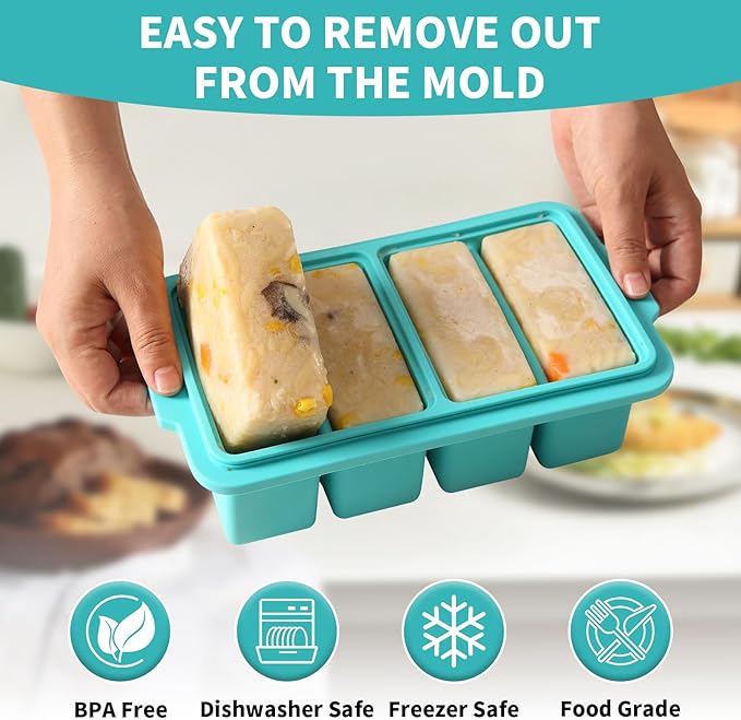 1 Cup Silicone Freezer Tray Ice Cubes with Lids and Date Mark for Storing Lasagna Leftovers Sauces Portioned Meals and More, Silicone Soup Freezer Molds for Meal Prepping 2 Pack Aqua