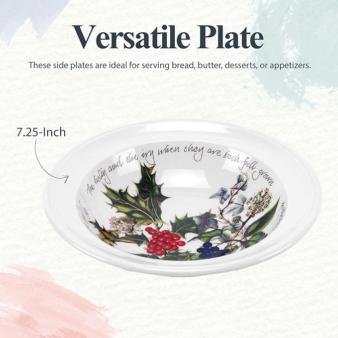 Portmeirion Holly and Ivy 7.25" Bread & Butter Plate (Set of 6) - Earthenware Plates, Holly Motif - Festive Holiday Tableware, Serving Tea, Snacks, Desserts - Microwave, Oven, Freezer, Dishwasher Safe