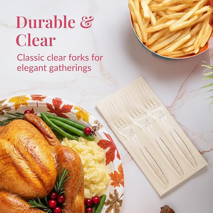 Prestee 300 Count Disposable Plastic Forks - Plastic Silverware Bulk Set - Heavy Duty Plasticware Forks - Clear Utensils for Catering Weddings Parties BBQ - Elegant and Sturdy Tableware
