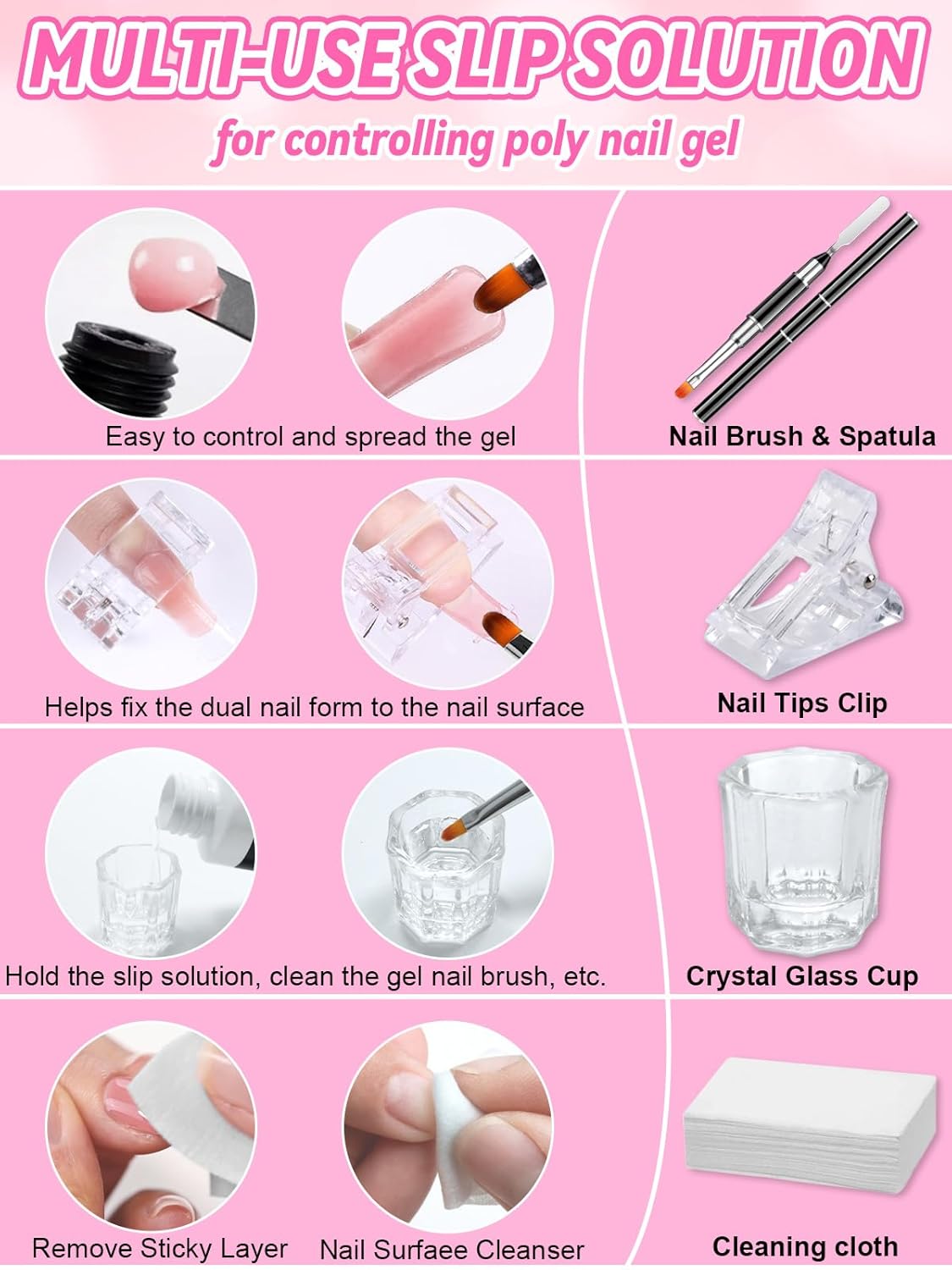 EBANKU Poly Gel Slip Solution for Nails - Anti-Stick Slip Solution for Builder Gel Nails, Brush Clean Liquid with Dual-Ended Nail Brush, 3PCS Nail Clips for Beginners & Home Salon, 2.5oz-BrightBean Baby