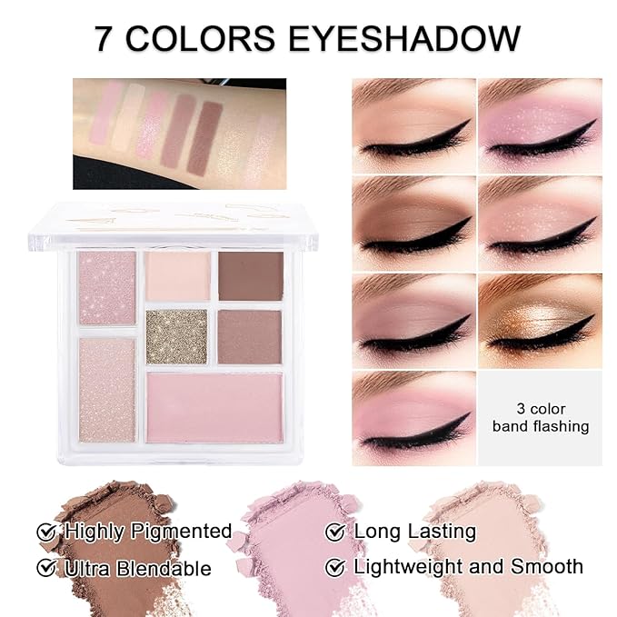 Makeup Kit for Teens Girls, Makeup Present Set for Women, Makeup Full Kit for Beginners, Mini Makeup Bundle Include 7 Pink colors Matte & Shimmer Pigmented Eyeshadow Palette, Eyebrow Powder-BrightBean Baby