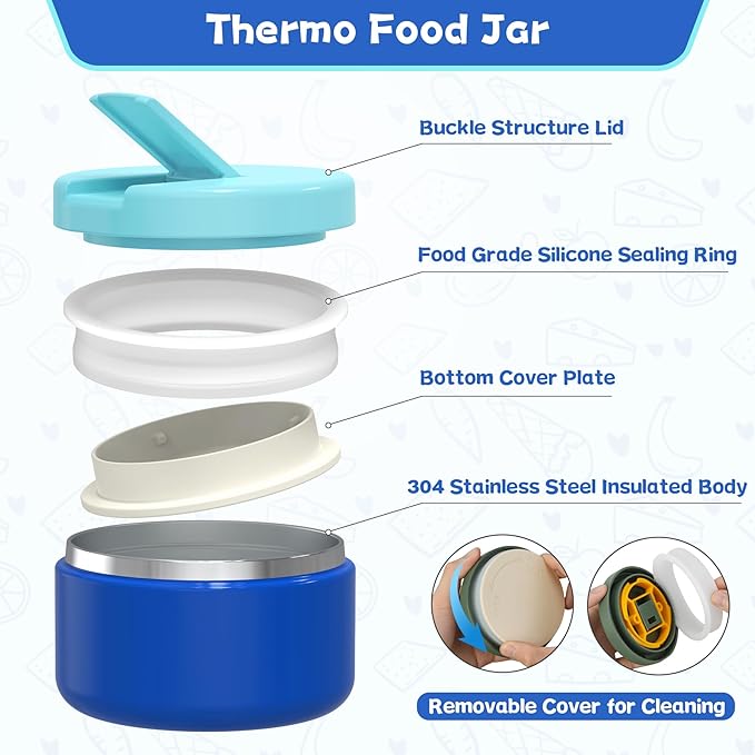 Kids Bento Lunch Box with 8oz Soup Thermo, Kids Leakproof Lunch Food Containers with 4 Compartment,Insulated Hot Food Jar with Lunch Bag for School, Travel (Blue)