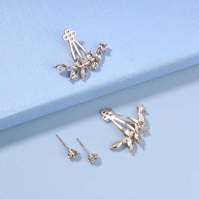 Boho Crystal Leaf Ear Jackets Earrings Gold Cz Crystal Earrings Rhinestone Front Back Studs Earrings Minimalist Earrings Jewelry for Women and Girls Gifts-BrightBean Baby