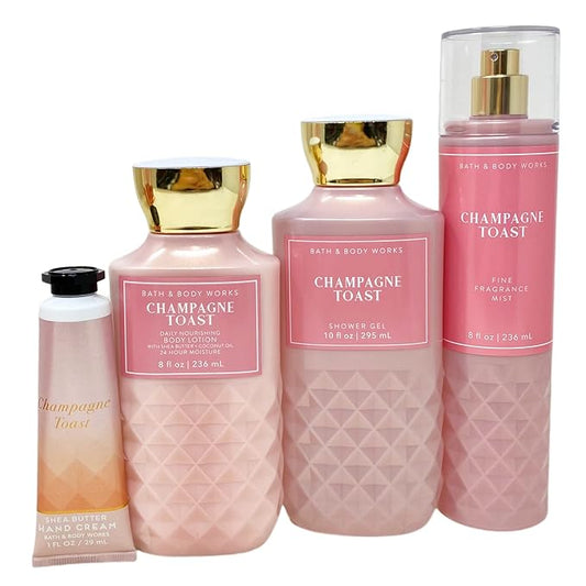 Bath and Body Works CHAMPAGNE TOAST Gift Bag Set - Body lotion - Shower Gel and Fine Fragrance Mist Plus a Shea Butter Hand Cream arranged inside a transparent gift bag-BrightBean Baby