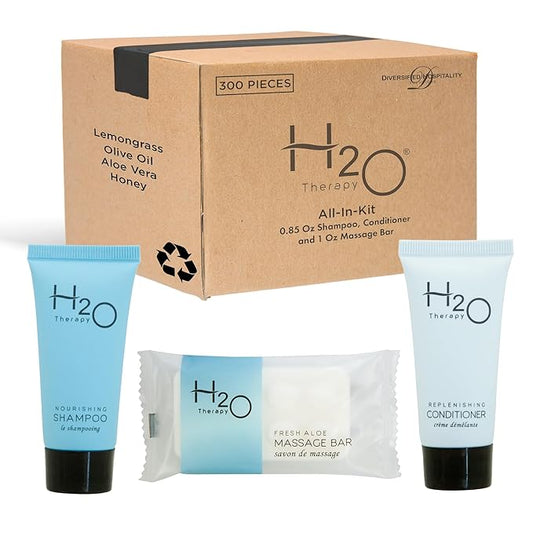 H2O Therapy Hotel Soaps and Toiletries Bulk Set | 1-Shoppe All-In-Kit Amenities for Hotels & Airbnb | 0.85 oz Hotel Shampoo & Conditioner, 1 oz Bar Soap Travel Size | 150 Pieces-BrightBean Baby