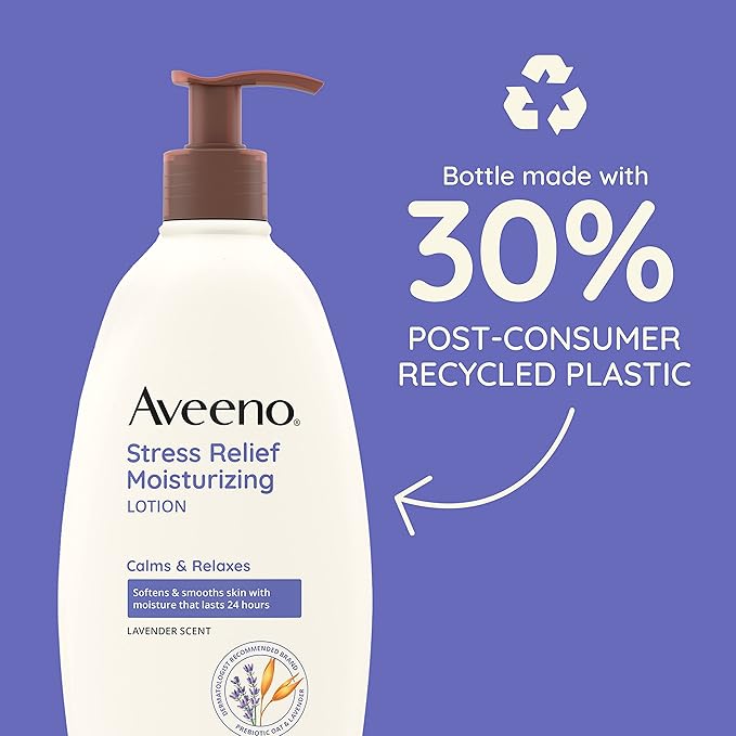 Aveeno Stress Relief Moisturizing Body Lotion 33 Fl Oz, Lavender Scent with Prebiotic Oat, Hydrating 24-Hour Moisturizer Non-Greasy for Dry Sensitive Skin, Paraben & Dye Free, Calming & Relaxing-BrightBean Baby