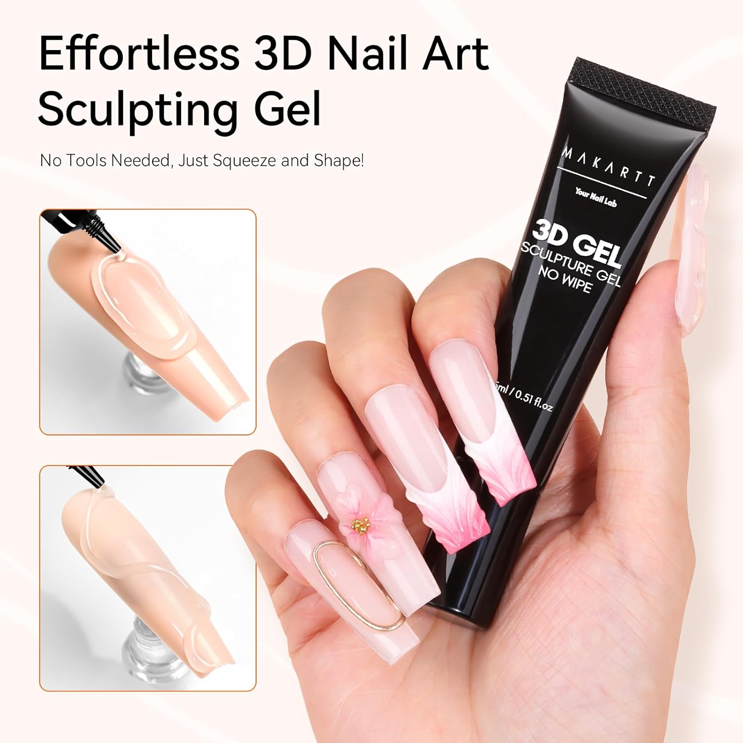 Makartt 3D Gel Nail Art, Sculpting Gel Glue for Drawing, Molding, Sculpture, Gems and Decoration, No Wipe Clear Gel Polish for DIY Nail Designs, 15g-BrightBean Baby