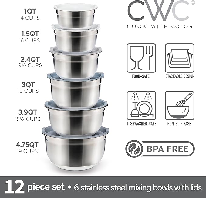 COOK WITH COLOR Stainless Steel Mixing Bowls Set with Lids - Nesting Bowls with Non-Slip Bottom, Grey, 12 Pieces