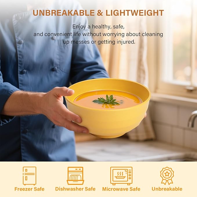 Homienly Sunshine Yellow Bowl Set of 8, 60 Oz Large Wheat Straw Bowls, Unbreakable Big Salad & Soup Bowls, Microwave Safe for Easter, Picnic, Kids Party & Family Meals