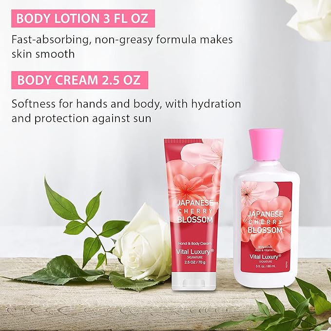 Bath & Body Kit, 3 Fl Oz Travel Size, Ideal Skincare Relaxing Home Spa Set, Includes Body Lotion, Shower Gel, Body Cream, and Fragrance Mist, Bath Gifts for Her and Him (Japanese Cherry-BrightBean Baby