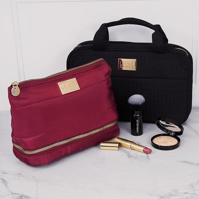 LAURA GELLER NEW YORK Quilted Makeup Bag with Brush Case, Burgundy - Toiletry Bag Organizer for Travel - Large Capacity Full Size Makeup Bag - Easy to Clean-BrightBean Baby