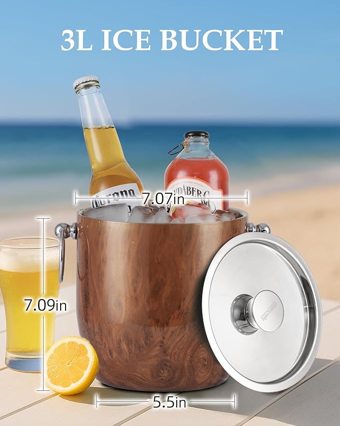 Insulated Ice Bucket, 3L Double Wall Stainless Steel Ice Bucket with Tongs,Lid, Scoop and Strainer, Ice Buckets for Parties,Cocktail Bars, Chilling Beer, Champagne, Wine Bottles,Wood