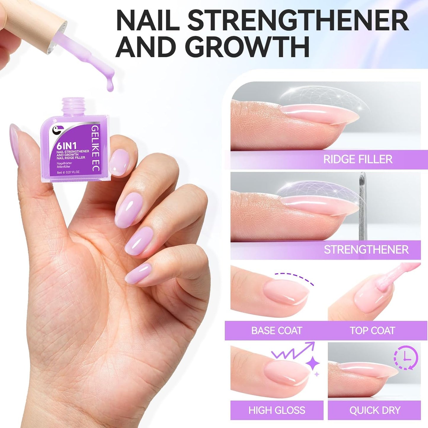 Nail Polish Strengthener and Growth: Lavender Haze Gelike EC 6 in 1 Natural Hardener - Long Lasting Nail Polish Hardener Extra Strong and Growth for Daily Work Home Salon-BrightBean Baby