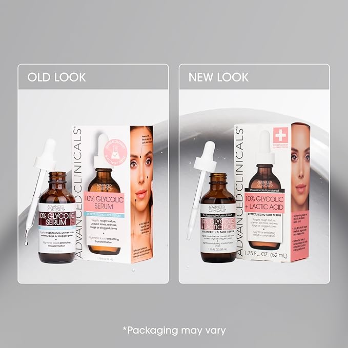 Advanced Clinicals Exfoliating 10% Glycolic Acid Serum For Face + Lactic Acid | Facial Exfoliant AHA + Salicylic Acid Serum To Improve Look Of Large Pores, Uneven Skin Tone, & Dark Spots, 1.75 FL Oz-BrightBean Baby